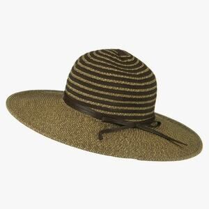 Wide Brim Straw Sun Hat Brown Beige Striped Ribbon Tie Beach Pool Vacation Beach